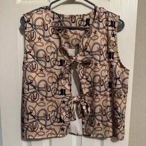 Western print tie front vest